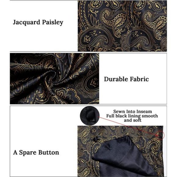 men's Wedding Paisley Suit Vest, Black Gold Slim Fit - Picture 4 of 6
